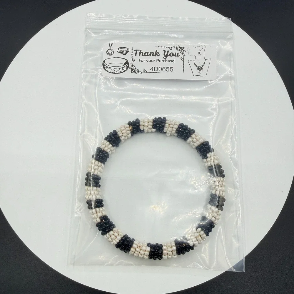 Black White Seed Bead Bangle Bracelet Boho Stretch Statement Handmade Gift Chic